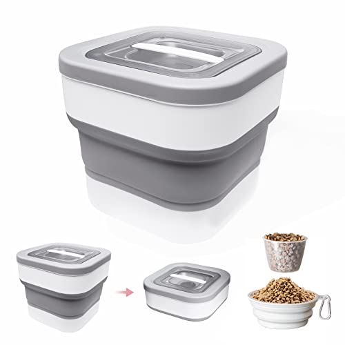 DDMOMMY 13 Lbs Dog Food Storage Container - Collapsible Dog Food Container with Sliding Lid, Measuring Cup and Silicone Bowl, Pet Food Storage For Dog, Cats and Other Pet (Grey & White / 10-13 LB)