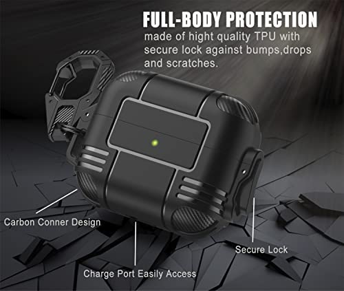 Gawnock Upgraded Secure Lock Airpods Pro Case Cover, One Piece Military Armor Cool Rugged AirPod Pro Cases with Keychain for Men Hard Shell Shockproof for Apple AirPod Pro 2019 (Black)