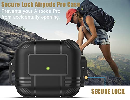 Gawnock Upgraded Secure Lock Airpods Pro Case Cover, One Piece Military Armor Cool Rugged AirPod Pro Cases with Keychain for Men Hard Shell Shockproof for Apple AirPod Pro 2019 (Black)