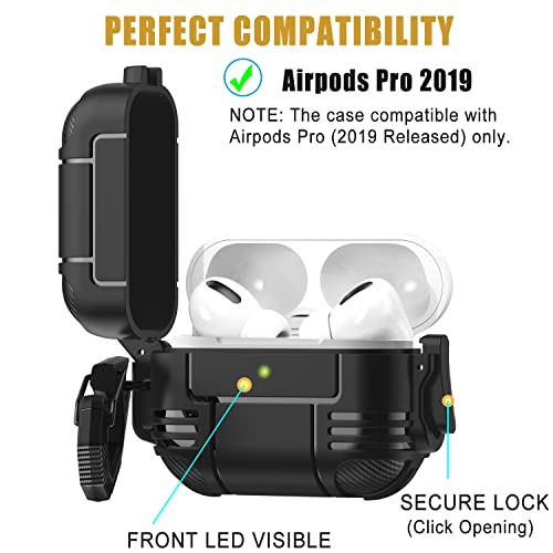 Gawnock Upgraded Secure Lock Airpods Pro Case Cover, One Piece Military Armor Cool Rugged AirPod Pro Cases with Keychain for Men Hard Shell Shockproof for Apple AirPod Pro 2019 (Black)