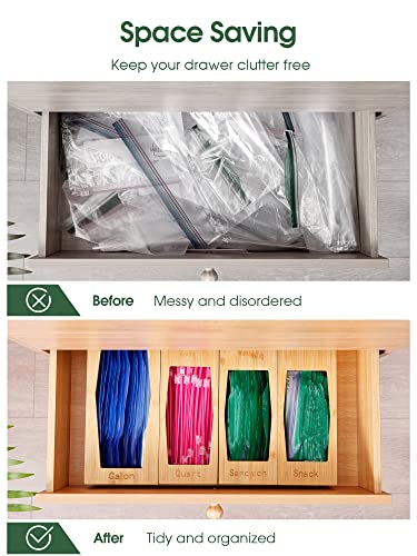 Kootek Ziplock Bag Organizer, 4 Pack Bamboo Food Storage Bag Holders Baggie Organizers Boxes for Kitchen Drawer Suitable for Gallon, Quart, Sandwich, Snack and Variety Size Bags