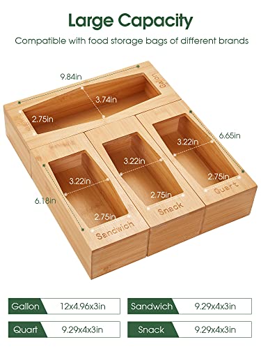 Kootek Ziplock Bag Organizer, 4 Pack Bamboo Food Storage Bag Holders Baggie Organizers Boxes for Kitchen Drawer Suitable for Gallon, Quart, Sandwich, Snack and Variety Size Bags