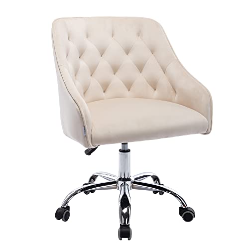Goujxcy Home Velvet Office Desk Chair with Mid-Back, Modern Height Adjustable 360°Swivel Upholstered Computer Task Chair with Arms and Wheels for Living Room Bedroom (Beige)