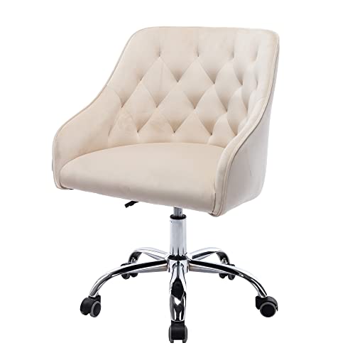 Goujxcy Home Velvet Office Desk Chair with Mid-Back, Modern Height Adjustable 360°Swivel Upholstered Computer Task Chair with Arms and Wheels for Living Room Bedroom (Beige)