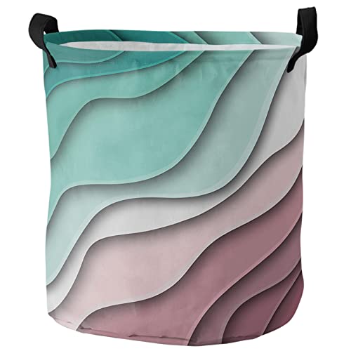 Laundry Basket Turquoise Pink Gradient Beach,Waterproof Collapsible Clothes Hamper Modern Abstract Geometric Art,Large Storage Bag for Bedroom Bathroom 16.5x17In