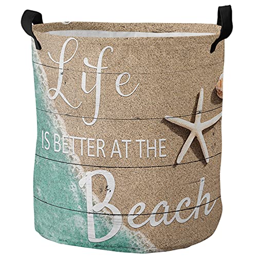 Laundry Basket Summer Coastal Starfish Teal Sea,Waterproof Collapsible Clothes Hamper Life is Better at Beach Seashells Farm Wood Planks,Large Storage Bag for Bedroom Bathroom 16.5x17In