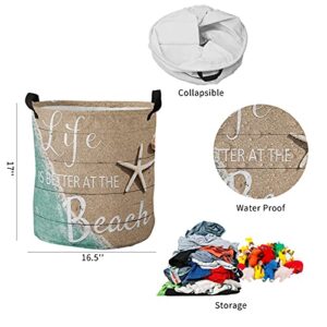 Laundry Basket Summer Coastal Starfish Teal Sea,Waterproof Collapsible Clothes Hamper Life is Better at Beach Seashells Farm Wood Planks,Large Storage Bag for Bedroom Bathroom 16.5x17In