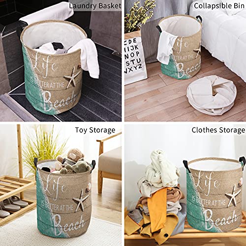 Laundry Basket Summer Coastal Starfish Teal Sea,Waterproof Collapsible Clothes Hamper Life is Better at Beach Seashells Farm Wood Planks,Large Storage Bag for Bedroom Bathroom 16.5x17In