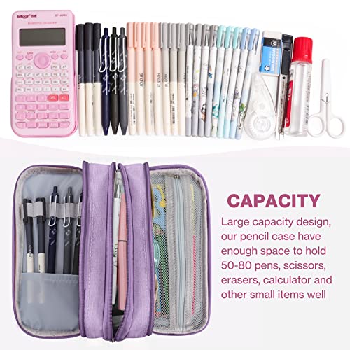 Pencil Case, Large Capacity Pencil Case for Kids Adults Teen, Handheld 3 Compartments Pencil Box Pouch Stationery Bag, Portable Office Stationery Makeup Bag School Supplies, Purple