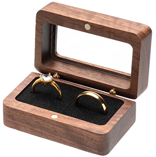 COSISO Wooden Wedding Double Ring Box For Proposal Engagement Marriage Birthday Gift Wedding Ceremony (Black Inner)