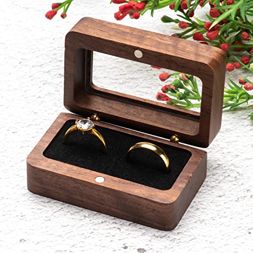 COSISO Wooden Wedding Double Ring Box For Proposal Engagement Marriage Birthday Gift Wedding Ceremony (Black Inner)