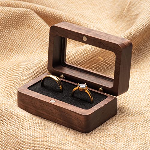 COSISO Wooden Wedding Double Ring Box For Proposal Engagement Marriage Birthday Gift Wedding Ceremony (Black Inner)