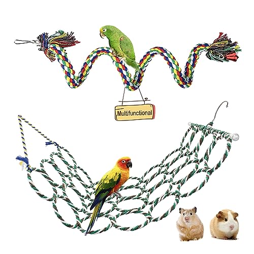 Duckiimo Bird Swing Hemp Rope Net, Parakeet Perch Climbing Bungee Ladder, Hammock Hanging Parrot Cage Toy for African Grey, Little Macaw, Cockatoo, Parakeets, Cockatiel, Conure (Multifunction)