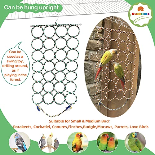 Duckiimo Bird Swing Hemp Rope Net, Parakeet Perch Climbing Bungee Ladder, Hammock Hanging Parrot Cage Toy for African Grey, Little Macaw, Cockatoo, Parakeets, Cockatiel, Conure (Multifunction)