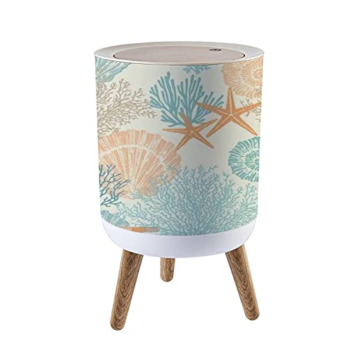 Small Trash Can with Lid Marine hand drawn sea shells stars mollusk coral Perfect for textiles Round Garbage Can Press Cover Wastebasket Wood Waste Bin for Bathroom Kitchen Office 7L/1.8 Gallon