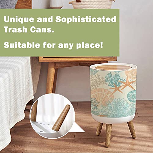 Small Trash Can with Lid Marine hand drawn sea shells stars mollusk coral Perfect for textiles Round Garbage Can Press Cover Wastebasket Wood Waste Bin for Bathroom Kitchen Office 7L/1.8 Gallon