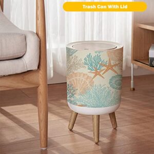 Small Trash Can with Lid Marine hand drawn sea shells stars mollusk coral Perfect for textiles Round Garbage Can Press Cover Wastebasket Wood Waste Bin for Bathroom Kitchen Office 7L/1.8 Gallon