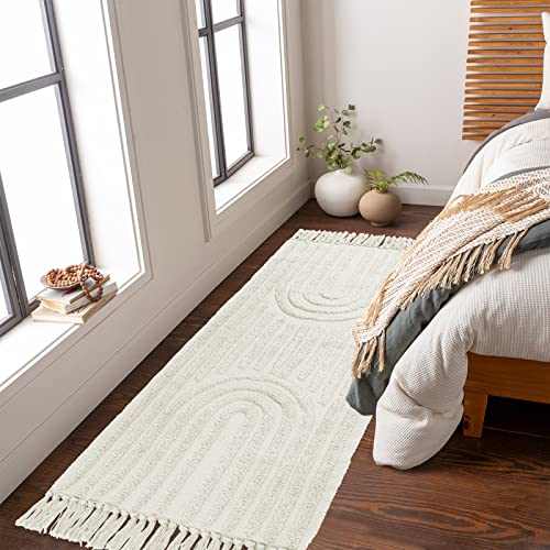 LEEVAN Hallway Runner Rug 2x8 Washable Kitchen Rug Boho Bedroom Rug with Tassel Beige Cotton Woven Floor Rug Long Entryway Rug Rainbow Rug Perfect for Office Living Room Laundry Room Dorm Classroom