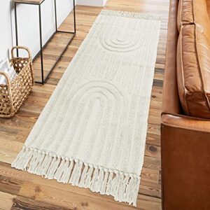 LEEVAN Hallway Runner Rug 2x8 Washable Kitchen Rug Boho Bedroom Rug with Tassel Beige Cotton Woven Floor Rug Long Entryway Rug Rainbow Rug Perfect for Office Living Room Laundry Room Dorm Classroom