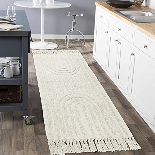 LEEVAN Hallway Runner Rug 2x8 Washable Kitchen Rug Boho Bedroom Rug with Tassel Beige Cotton Woven Floor Rug Long Entryway Rug Rainbow Rug Perfect for Office Living Room Laundry Room Dorm Classroom