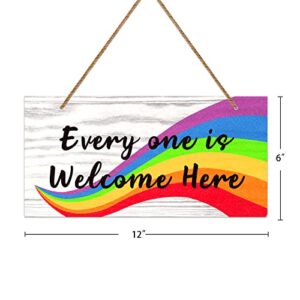 PETCEE Everyone Is Welcome Here Door Sign, 6"x12" Rainbow Gay Lesbian Pride Welcome Sign Door Decorations LGBTQ Door Hanging Sign for Home School Office Party Wall Front Door Decor