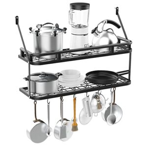chefhachiro kitchen pot rack, heavy duty wall mount pots and pans organizer, 2-tier wall shelves with 12 s hooks for kitchen cookware utensils