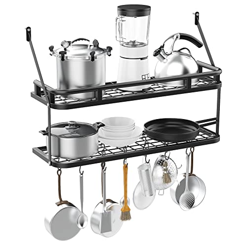 ChefHachiro Kitchen Pot Rack, Heavy Duty Wall Mount Pots and Pans Organizer, 2-Tier Wall Shelves with 12 S Hooks for Kitchen Cookware Utensils