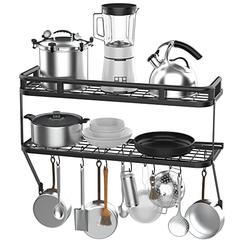 ChefHachiro Kitchen Pot Rack, Heavy Duty Wall Mount Pots and Pans Organizer, 2-Tier Wall Shelves with 12 S Hooks for Kitchen Cookware Utensils