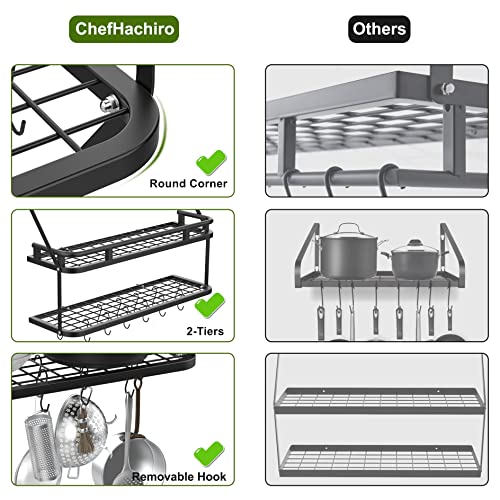 ChefHachiro Kitchen Pot Rack, Heavy Duty Wall Mount Pots and Pans Organizer, 2-Tier Wall Shelves with 12 S Hooks for Kitchen Cookware Utensils