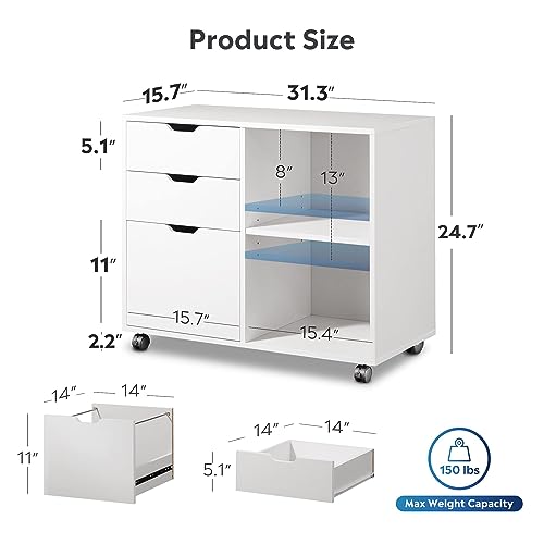 DEVAISE 3-Drawer Wood File Cabinet, Mobile Lateral Filing Cabinet, Printer Stand with Open Storage Shelves for Home Office, White