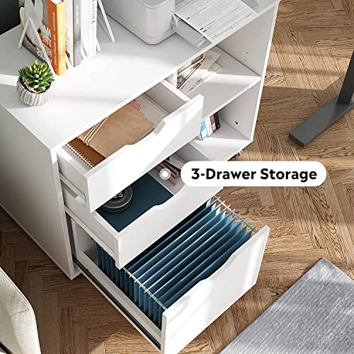 DEVAISE 3-Drawer Wood File Cabinet, Mobile Lateral Filing Cabinet, Printer Stand with Open Storage Shelves for Home Office, White