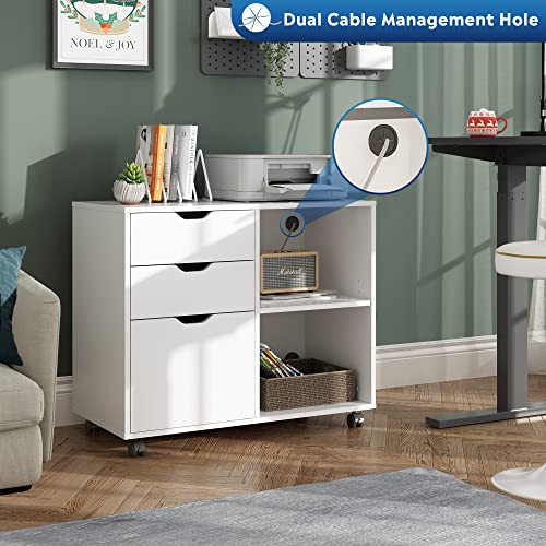 DEVAISE 3-Drawer Wood File Cabinet, Mobile Lateral Filing Cabinet, Printer Stand with Open Storage Shelves for Home Office, White
