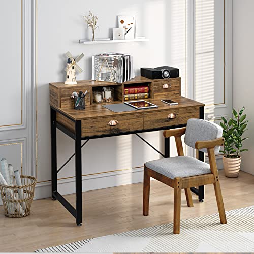 VINGLI Computer Desk with Drawers and Monitor Stand,42" Home Office Study Writing Desk,Industrial Laptop Desk Workstation,Small Writing Desk with 4 Drawers for Small Place