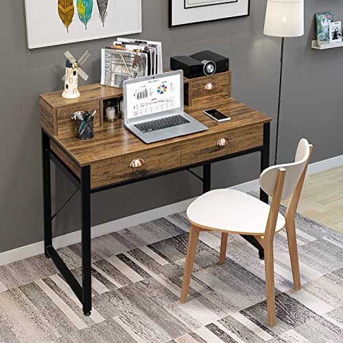 VINGLI Computer Desk with Drawers and Monitor Stand,42" Home Office Study Writing Desk,Industrial Laptop Desk Workstation,Small Writing Desk with 4 Drawers for Small Place