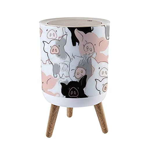 CAKOJV188 Round Trash Can with Press Lid Seamless Image Pigs Small Garbage Can Trash Bin Dog-Proof Trash Can Wooden Legs Waste Bin Wastebasket 7L/1.8 Gallon