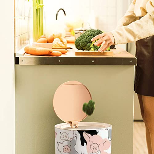 CAKOJV188 Round Trash Can with Press Lid Seamless Image Pigs Small Garbage Can Trash Bin Dog-Proof Trash Can Wooden Legs Waste Bin Wastebasket 7L/1.8 Gallon