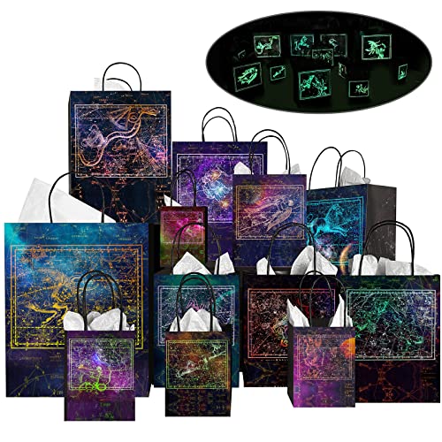 Obami Glow in the Dark Gift Bag with Creative Luminous Constellation Design, 24 pcs include 12 Paper Kraft Bags of 3 Different Sizes & 12 Wrapping Papers