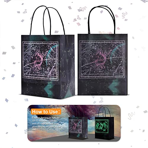 Obami Glow in the Dark Gift Bag with Creative Luminous Constellation Design, 24 pcs include 12 Paper Kraft Bags of 3 Different Sizes & 12 Wrapping Papers