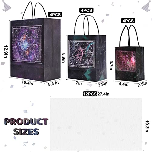 Obami Glow in the Dark Gift Bag with Creative Luminous Constellation Design, 24 pcs include 12 Paper Kraft Bags of 3 Different Sizes & 12 Wrapping Papers