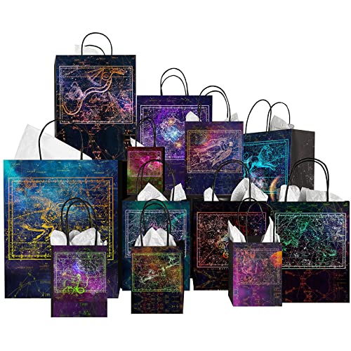 Obami Glow in the Dark Gift Bag with Creative Luminous Constellation Design, 24 pcs include 12 Paper Kraft Bags of 3 Different Sizes & 12 Wrapping Papers