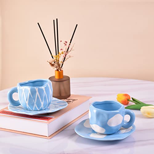 Koythin Ceramic Coffee Mug with Saucer Set, Cute Creative Cup Unique Irregular Design for Office and Home, Dishwasher and Microwave Safe, 10oz/300ml for Latte Tea Milk (Blue Sky and White Clouds)