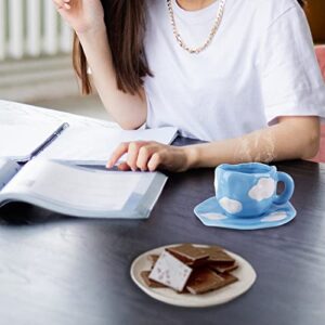 Koythin Ceramic Coffee Mug with Saucer Set, Cute Creative Cup Unique Irregular Design for Office and Home, Dishwasher and Microwave Safe, 10oz/300ml for Latte Tea Milk (Blue Sky and White Clouds)