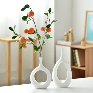 MOVNO White Ceramic Hollow Vases Set of 2, Geometric Handmade Flower Vase for Decor, Modern Decorative Vase Centerpiece for Wedding Living Room Office Bedroom Dinner Table Party-Housewarming Gift