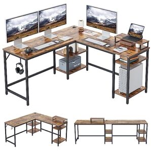 cubicubi l shaped desk with storage, 94.8 inch reversible corner computer desk or 2 person long table desk, home office large gaming writing storage workstation with monitor stand, rustic brown