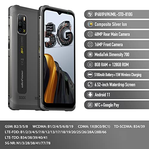 Ulefone Armor 12 5G Rugged Unlocked Android Smartphone, 8GB+128GB, 48MP Quad Rear Camera, IP68/IP69K, 5180mAh, 6.52” HD+, Dual SIM Dual 5G, Compass, GPS, Fingerprint, Rugged Cell Phone (Grey)