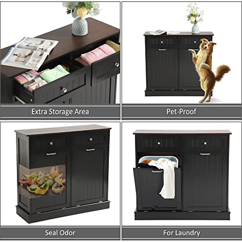 KIGOTY Dual Kitchen Trash Cabinet, Double Tilt Out Trash Can Cabinet with Countertop and Drawer, Free-Standing Pet Proof Recycling Cabinet Garbage Can Holder (Black)