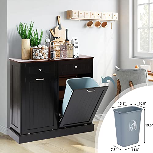KIGOTY Dual Kitchen Trash Cabinet, Double Tilt Out Trash Can Cabinet with Countertop and Drawer, Free-Standing Pet Proof Recycling Cabinet Garbage Can Holder (Black)