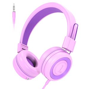 kids headphones wired Ｈeadset for school with adjustable headband,3.5mm jack foldable on-ear headphones with sharing cable for girls boys teens children,pink