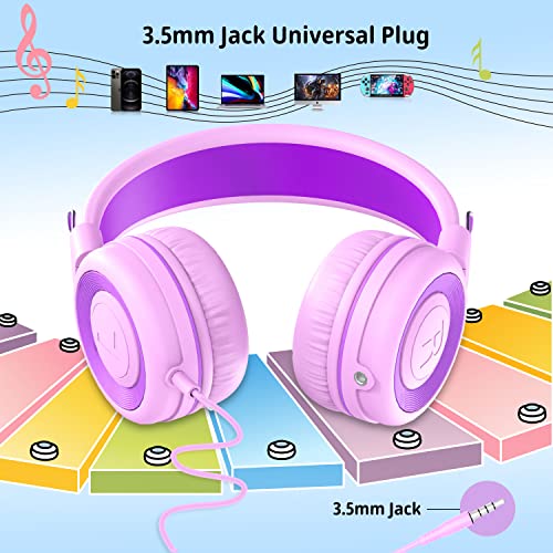 Kids Headphones Wired Ｈeadset for School with Adjustable Headband,3.5mm Jack Foldable On-Ear Headphones with Sharing Cable for Girls Boys Teens Children,Pink