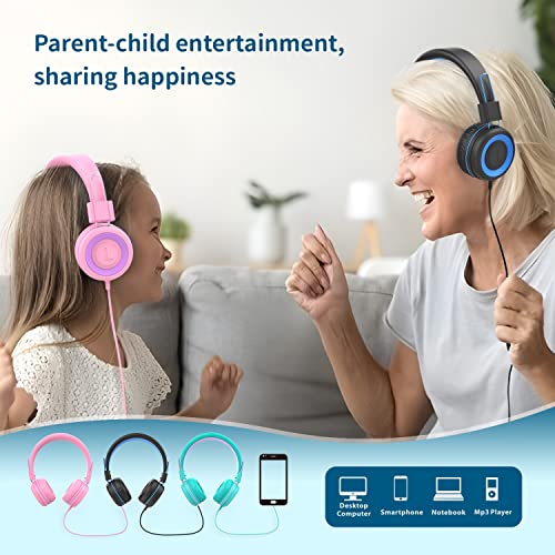 Kids Headphones Wired Ｈeadset for School with Adjustable Headband,3.5mm Jack Foldable On-Ear Headphones with Sharing Cable for Girls Boys Teens Children,Pink